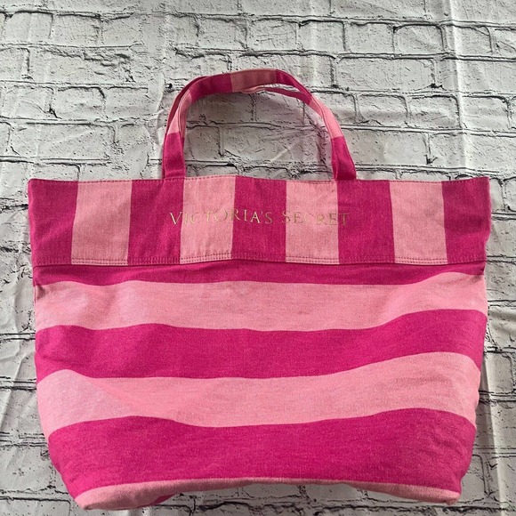 Victorias  Secret Vintage Striped Tote Beach Bag Pink Spell Out Logo - Picture 6 of 6